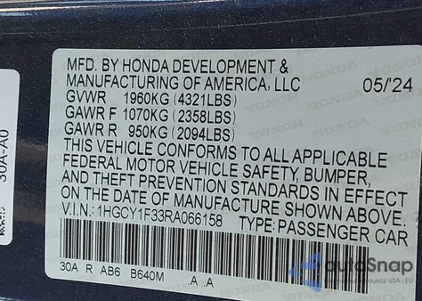 2024 Honda Accord Ex from USA, damaged, VIN 1HGCY1F33RA066158